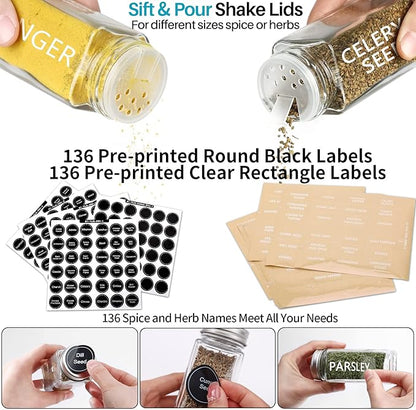 Antimbee 28 Pcs Clear Glass Spice Jars,3.5 oz Glass spice jar with 324 labels, Funnel,Chalk Pen,Shaker Lids and Airtight Metal Caps, Empty Square Spice Bottles for Spice Rack, Cabinet, Drawer - Image 3