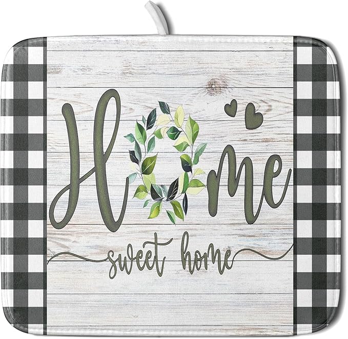 Giwawa Home Sweet Home Dish Drying Mat 16x18 Inch Spring Summer Green Leaf Wreath Dish Drainer Mats Rustic Wood Board Microfiber Dish Drying Rack Pad for Kitchen Countertop Farmhouse Decor
