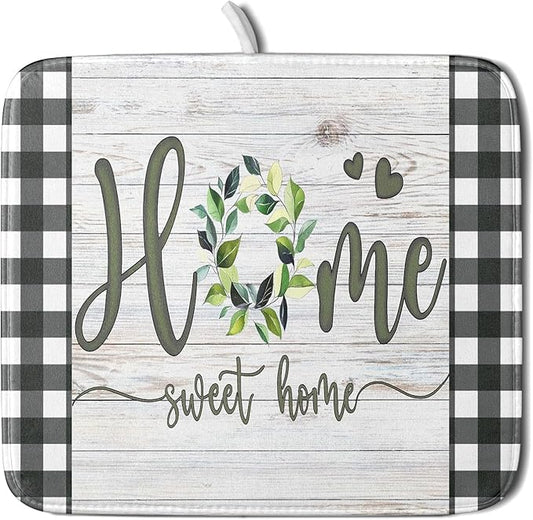 Giwawa Home Sweet Home Dish Drying Mat 16x18 Inch Spring Summer Green Leaf Wreath Dish Drainer Mats Rustic Wood Board Microfiber Dish Drying Rack Pad for Kitchen Countertop Farmhouse Decor