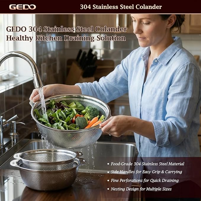 GEDO 304 Stainless Steel Colander Set, 3 Pack Kitchen Food Strainer with Handles, Nestable Metal Colanders for Washing Vegetables Fruits, Draining Pasta, Rinsing Rice, Dishwasher Safe Sink Strainer