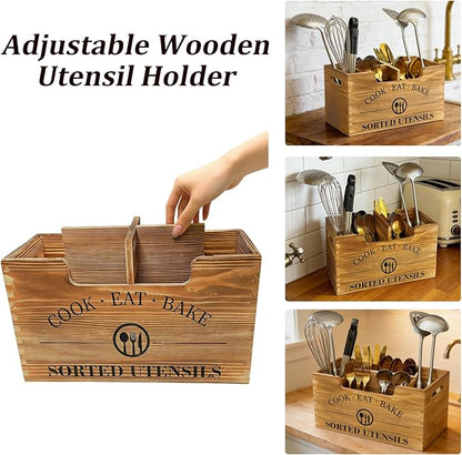 Upgraded Kitchen Utensil Holder for Counter, Extra Large Wooden Utensil Holder with Three Adjustable Combination Designs for Storage Cooking and Silverware - Image 3