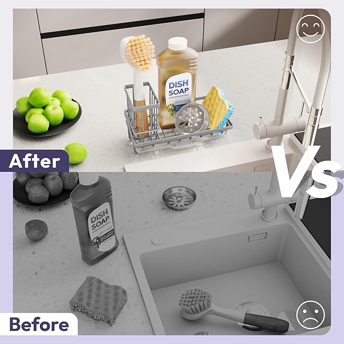 SWTYMIKI Sink Caddy Sponge Holder - Kitchen Sink Organizer with High Brush Holder for Countertop to Hold Dish Soaps and Sponges, Stainless Steel, Gray - Image 6