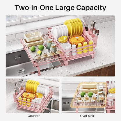 SNTD Dish Drying Rack - Extendable Dish Rack, Large Sink Drying Dish Drainer for Kitchen Counter, Stainless Steel Dish Strainer with Utensil Holder (Pink) - Image 3