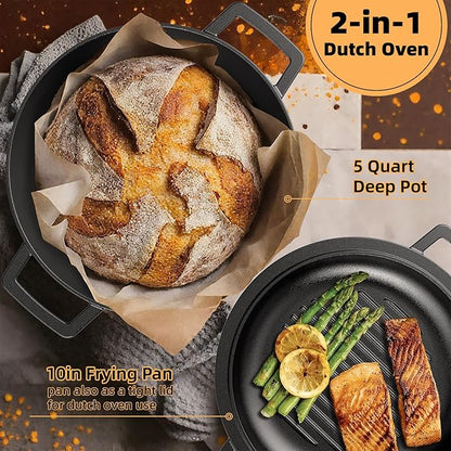 Cast Iron Dutch Oven Pot with Skillet Lid – Pre-Seasoned – Skillet Lid Cooking Pan– PFAS-Free –Umite Chef Cast Iron Skillet Cookware for Bread, Frying, Baking – Dual Handles – Oven, Grill, Campfire & Stovetop Safe – Durable & Non-Toxic, 5QT - Image 5