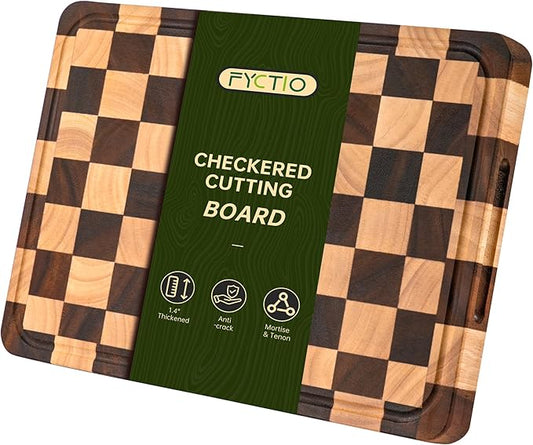 Checkered Cutting Boards for Kitchen, Acacia Wooden Chopping Board with Juice Grooves & Handles, Thickened Butcher Block for Meat, Vegetables and Fruits with Gift Box, 16" x 11" x 1.4" by FyctioHome