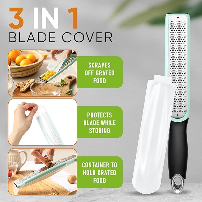 Spring Chef Premium Lemon Zester Grater with Handle - Fruit, Lime, Orange, Nutmeg, Garlic Grater - Heavy Duty Kitchen Tool - Stainless Steel Citrus Zester with Blade Cover - Fine Shred - Mint/Black - Image 5