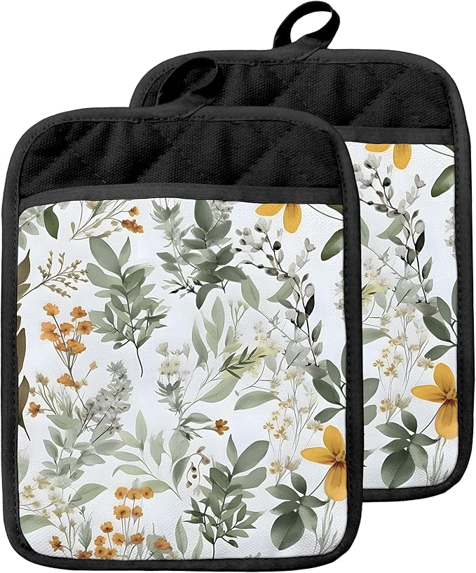 Sage Green Leaf Floral Pot Holders with Pockets, Cottagecore Botanical Flower Oven Pot Holders Heat Resistant Oven Mitts Hot Pads for Kitchen Baking Cooking