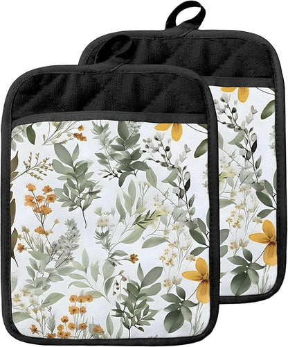 Sage Green Leaf Floral Pot Holders with Pockets, Cottagecore Botanical Flower Oven Pot Holders Heat Resistant Oven Mitts Hot Pads for Kitchen Baking Cooking