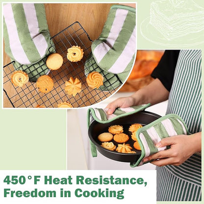 Reallnaive Oven Mitts and Pot Holders 4 Pcs Set for Kitchen, Stripe Cotton Oven Mitten Gloves Hot Pads Heat Resistant 500°f Outdoor Indoor Garden Baking Cooking BBQ Gift Hanging Loop, Beige (Green) - Image 5
