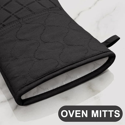 Oven Mitts Kitchen Towels and Dishcloths Pot Holders Sets, Oven Gloves Kitchen Dish Towels 500 Degree Heat Resistant Potholders with Non-Slip Silicone Surface for Cooking, Grilling, Baking-Black - Image 4
