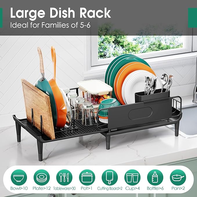 Large Extendable Dish Drying Rack, 16.93" to 26.57" Expandable Dish Rack for Kithen Counter, with Multifunctional Drainboard, Fits Any Sink, Heavy-Duty Steel Plate Drainer for Countertop Organization - Image 5