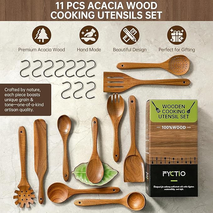 Wooden Utensil Set 11 Pcs - Natural Non-Toxic Acacia Wooden Spoons for Cooking, Nonstick, Sturdy, Easy to Clean, Wood Kitchen Utensils Set with Ceramic Spoon Rest & 10 Hooks, Ideal for Gifting