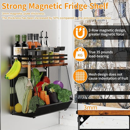 Magnetic Shelf for Fridge with Wood Lid - Magnetic Spice Rack for Refrigerator， Mesh Design Large Shelf Basket, Shelves for Kitchen Pantry Storage Organizer for Food Fruit Veg (1Pack)