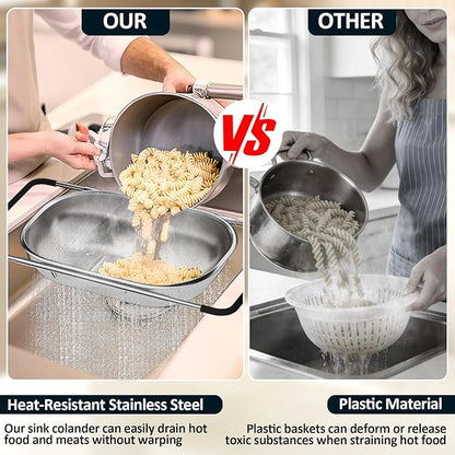 Over the Sink Colander - Strainers and Colanders - Sink Strainer Basket - Expandable Fine Mesh Strainer with Rubber Grip for Veggie, Fruits, Pasta, Home Kitchen Essentials (9.5W x 13.4-21.3L x 3.3H) - Image 3