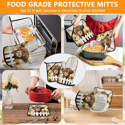 Sunflower Highland Cow Oven Mitts and Pot Holders Sets 4Pcs,Extra Long Oven Gloves Potholder for Kitchen Cooking Baking BBQ 100% Cotton Heat Resistant - Image 7