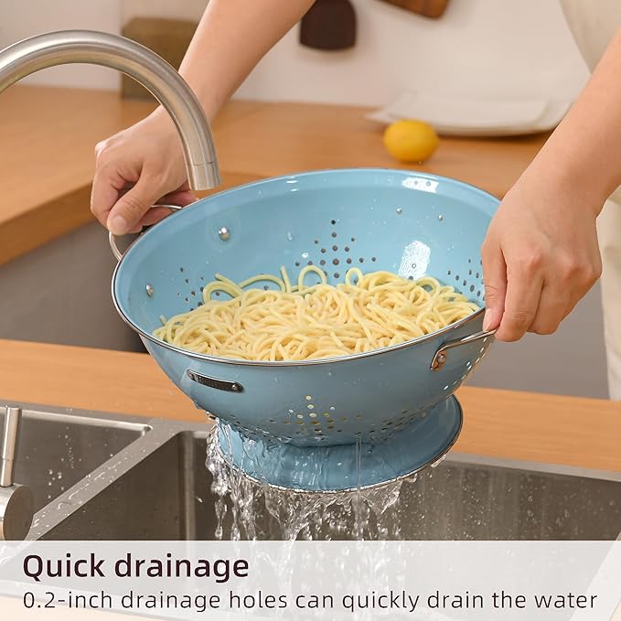 Metal Colander 2 Pack, Strainer Bowel with Handles 2Qt & 6Qt Powder Coated Solid Ring Base Heavey Duty Kitchen Drainer Basket for Pasta Veggies and Fruits,New Home Apartment Essentials (ArcticBlue) - Image 3