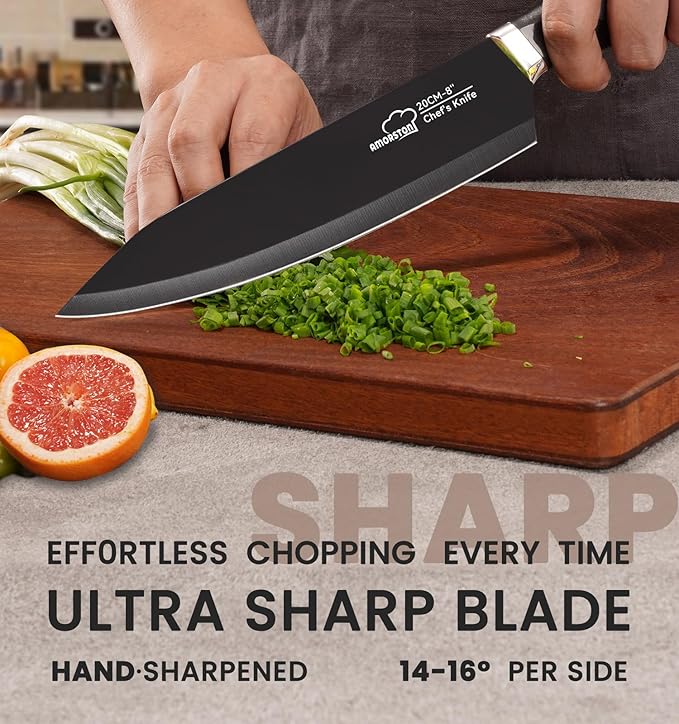 Knife Set, 15 Pieces Kitchen Knife Set with Built in Sharpener, German High Carbon Stainless Steel Knife Block Set, Dishwasher Safe, Black, Mothers Day Gifts - Image 7