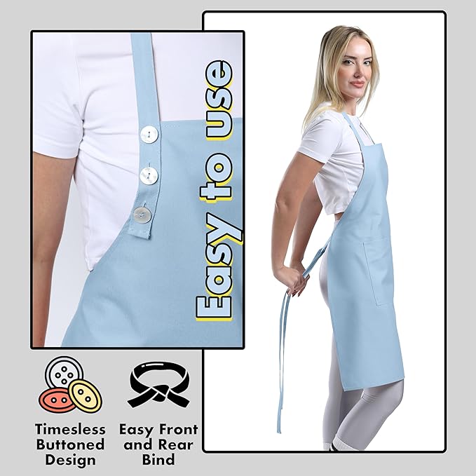 TOSHE Kitchen Apron Waterdrop Resistant Cotton Apron with adjustable Aprons for Women with Pockets 10 Color option Cooking Apron Light Blue (Light Blue) - Image 6
