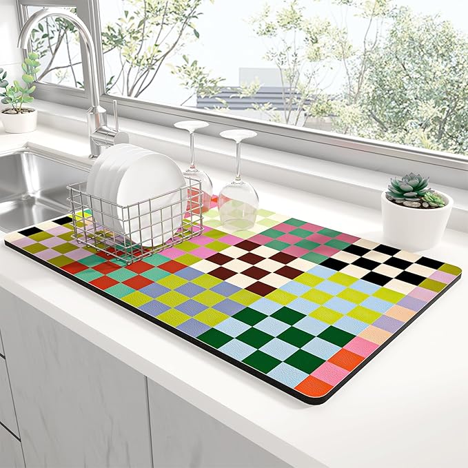 Rnivvi Dish Drying Mat for Kitchen Counter, XL 15 x 24" Cute Checkered Absorbent Draining Pad, Non-Slip Heat Resistant Coffee Bar Mats for Coffee Machine Station Accessories, Colorful Dish Rack Pad by Rnivvi