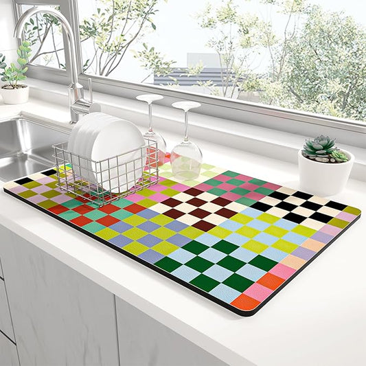 Rnivvi Dish Drying Mat for Kitchen Counter, XL 15 x 24" Cute Checkered Absorbent Draining Pad, Non-Slip Heat Resistant Coffee Bar Mats for Coffee Machine Station Accessories, Colorful Dish Rack Pad by Rnivvi