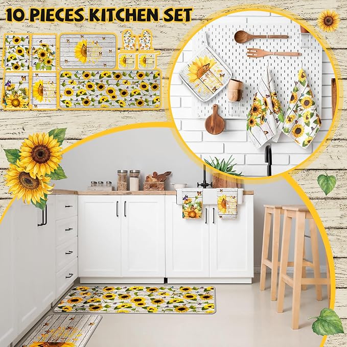 Fourluoo 10 Pcs Sunflower Kitchen Decor Set Butterfly Towels and Rugs Oven Mitts and Pot Holders Farmhouse Sunflower Kitchen Decor Set for Women Mom Gift Cooking Baking Grilling