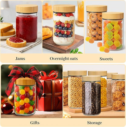 TBWIND 4 Pack 24oz Glass Jars with Bamboo Lids, Spoons, Airtight Overnight Oats Containers, Wide Mouth Mason Jars, Food Storage Container for Yogurt Salad Snacks Spice Sugar Meal Prep – Reusable