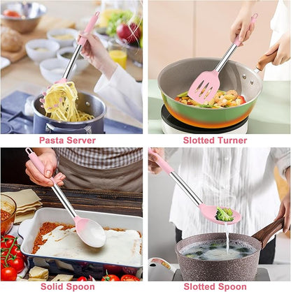 TeamFar Cooking Utensils Set, 5 PCS Silicone Kitchen Utensils with Stainless Steel Handle for Nonstick Cookware Turning Flipping Frying Draining, Heatproof & Healthy, Nonstick & Easy Clean, Pink - Image 4