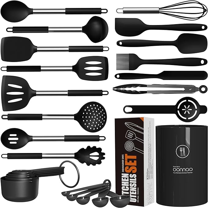 oannao Large Silicone Cooking Utensils Set - Heat Resistant Kitchen Utensils Sets,Spatula,Spoon,Turner Tongs,Whisk,Stainless Steel Cooking Utensil for Nonstick Cookware Dishwasher Safe (Black) by oannao