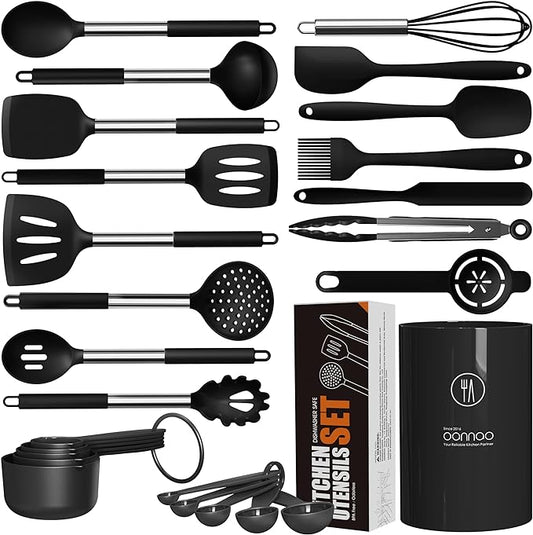 oannao Large Silicone Cooking Utensils Set - Heat Resistant Kitchen Utensils Sets,Spatula,Spoon,Turner Tongs,Whisk,Stainless Steel Cooking Utensil for Nonstick Cookware Dishwasher Safe (Black) by oannao