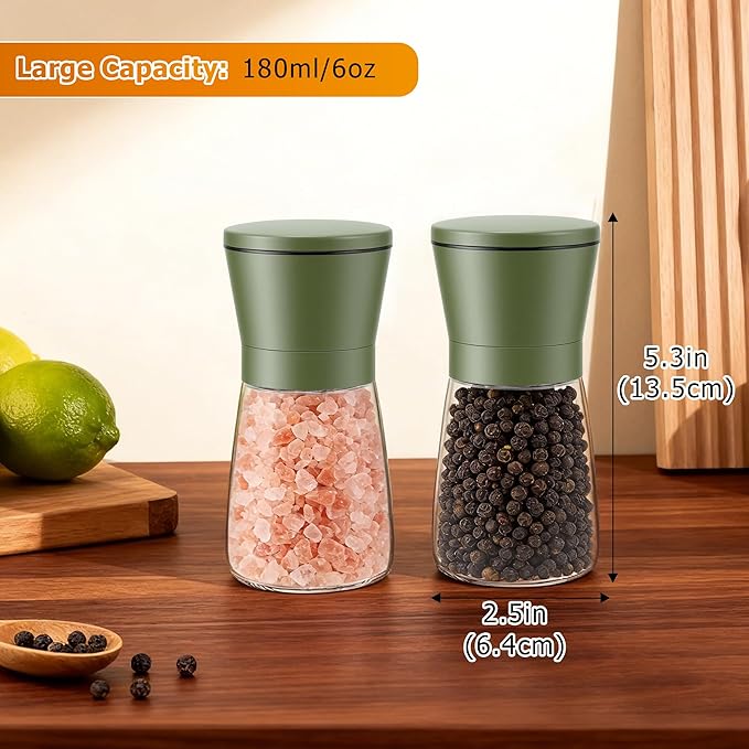 R DRURLCD Sage Green Stainless Steel Sea Salt and Pepper Grinder Set of 2 - Adjustable Ceramic Glass Salt and Pepper Shakers - Kitchen Pepper Mill & Salt Mill W/Funnel