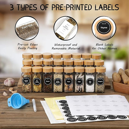 NETANY 24 Pcs Glass Spice Jars with Bamboo Lids, 4 oz Glass Jars with Minimalist Farmhouse Spice Labels Stickers, Collapsible Funnel, Seasoning Storage Bottles for Spice Rack, Cabinet, Drawer - Image 2