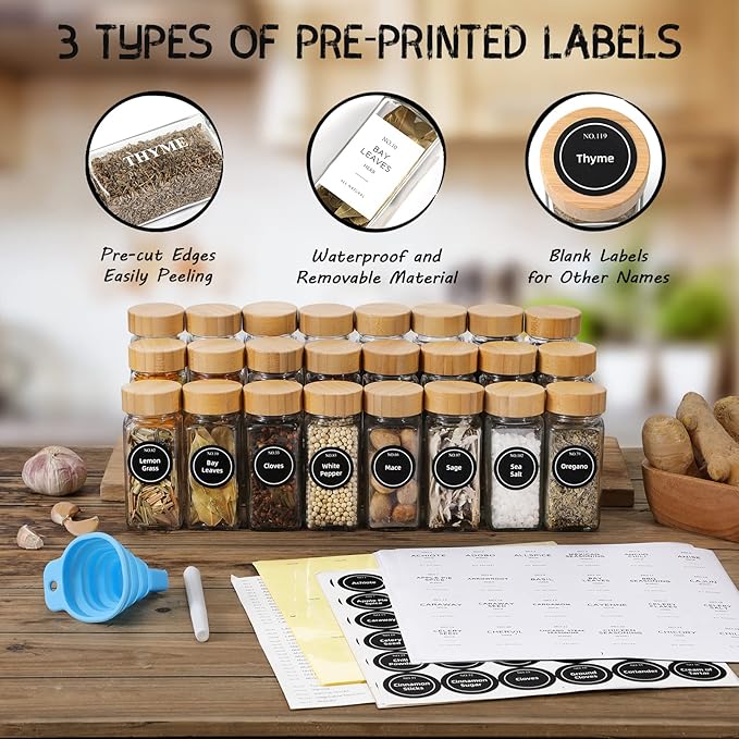 NETANY 36 Pcs Glass Spice Jars with Bamboo Lids, 4 oz Glass Jars with Minimalist Farmhouse Spice Labels Stickers, Collapsible Funnel, Seasoning Storage Bottles for Spice Rack, Cabinet, Drawer - Image 2