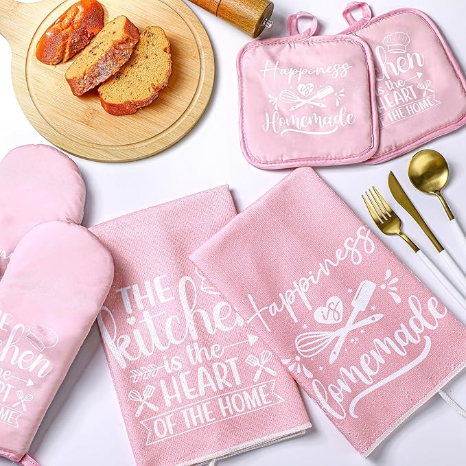 Sratte 6 Pcs Kitchen Decor Accessories Set Farmhouse Towels Pot Holders Oven Mitts Set 2 Dish Towels 2 Potholders 2 Cooking Mittens Oven Glove for Christmas Baking Cooking Supply(Pink,Kitchen) - Image 2