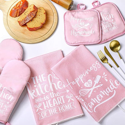 Sratte 6 Pcs Kitchen Decor Accessories Set Farmhouse Towels Pot Holders Oven Mitts Set 2 Dish Towels 2 Potholders 2 Cooking Mittens Oven Glove for Christmas Baking Cooking Supply(Pink,Kitchen) - Image 2