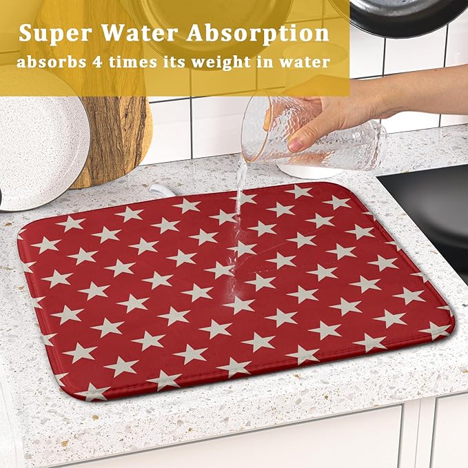 Patriotic July of 4th Red Star Dish Drying Mat for Kitchen Counter 16x18 Memorial Independence Day Absorbent Reversible Microfiber Drying Mats Kitchen Countertop Protector Dishes Drainer Rack Pad - Image 7