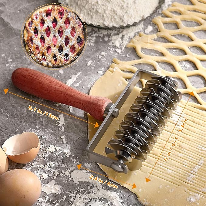 Stainless Steel Lattice Roller Cutter With Wood Handle - Dough Baking Tool for Cookie, Pie, Pizza, Bread, Pastry Crust - Household Time-Saver for Biscuits