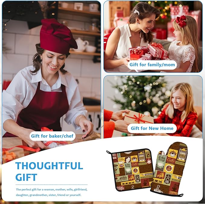 Coffee Theme Oven Mitts and Pot Holders Sets Heat Resistant 4Pcs Potholders Oven Gloves Hot Pads for Kitchen Baking Cooking Grilling BBQ