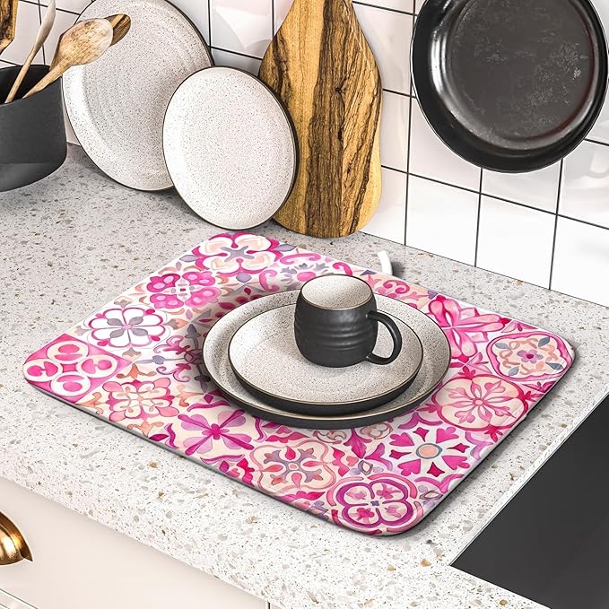 Pink Mexican Tiles Dish Drying Mat Absorbent Microfiber Dish Drying Pad for Kitchen Multi-use Large - Image 5