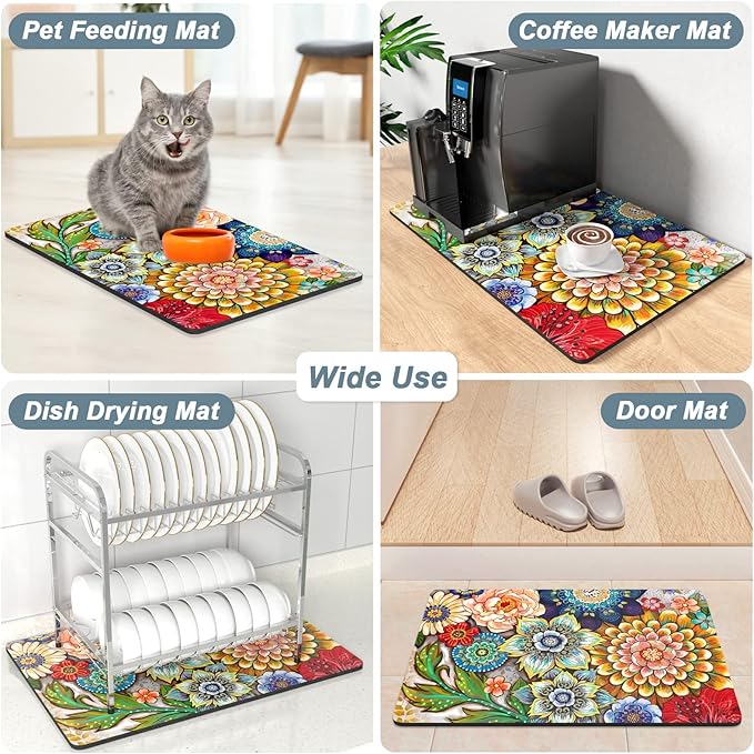 Rnivvi Coffee Mat, 12" x 19" Cute Flower Theme Coffee Bar Mats for Espresso Machine Station Accessories and Organizer, Hide Stain Rubber Backed Absorbent Dish Drying Pad for Kitchen Counter, Mandala - Image 7