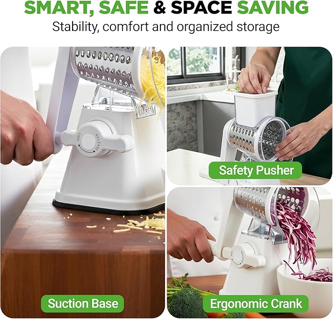 NutriChef 3 in 1 Cheese Grater & Shredder | Strong Suction Base, Rotary Handle with Safety Lock | Includes Hand Crank & 3 Drum Blades for 3 Textures, Fine, Medium & Strips | White - Image 7