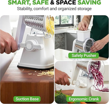 NutriChef 3 in 1 Cheese Grater & Shredder | Strong Suction Base, Rotary Handle with Safety Lock | Includes Hand Crank & 3 Drum Blades for 3 Textures, Fine, Medium & Strips | White - Image 7