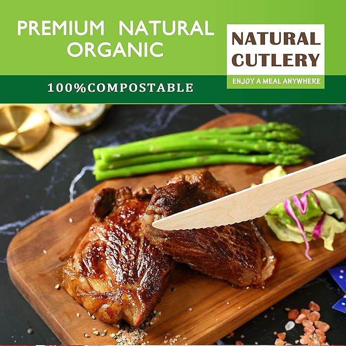 Disposable Wooden Forks -Pack of 100, 6.5" Length-Biodegradable, Natural Wooden Utensils, Great for Parties,Camping,Weddings&Dinner Events (Knives) - Image 2