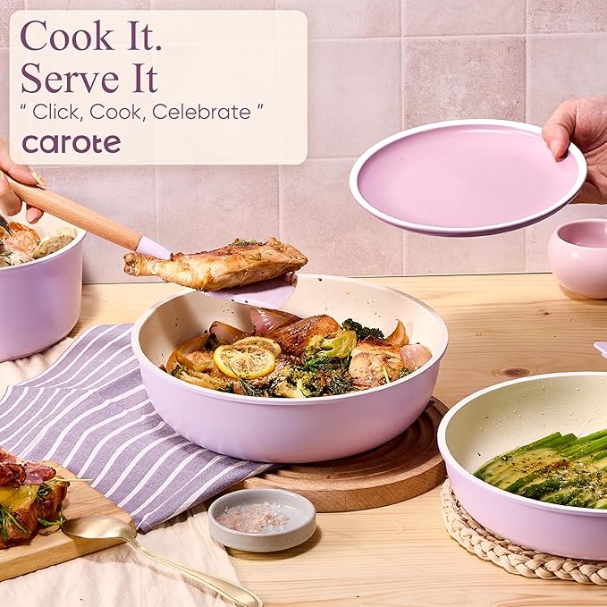 CAROTE Pots and Pans Set Non Stick, Cookware Sets, 19pcs Kitchen Set, Oven/Fridge Safe, Space Saving Pots Set, Nonstick Set with Versatile Removable/Detachable Handle, Induction RV Set, Purple - Image 6