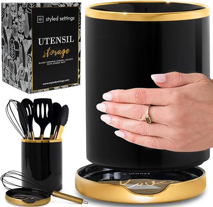 STYLED SETTINGS Black and Gold Utensil Holder with Built-in Spoon Rest - 2 PC Large Ceramic Utensil Holder Includes Black & Gold Spoon Rest - Luxury Kitchen Accessories - Utensils Not Included by STYLEDSETTINGS