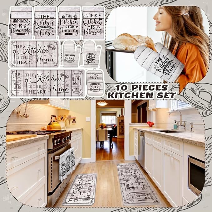 Fourluoo 10 Pcs Farmhouse Kitchen Decor and Accessories Set 4 Kitchen Towels 2 Pot Holders 2 Oven Mitts 2 Rugs for Cooking Baking Mom Housewarming Gifts (Unadorned Color,Stitched Wood Grain) - Image 2
