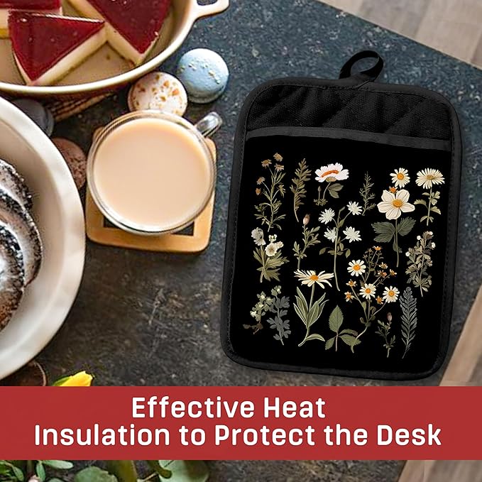 Dark Floral Botanical Pot Holders with Pockets, Cottage Core Kitchen Decor, Rustic Daisy Flower Plant Oven Pot Holders Heat Resistant Oven Mitts Hot Pads for Kitchen Baking Cooking
