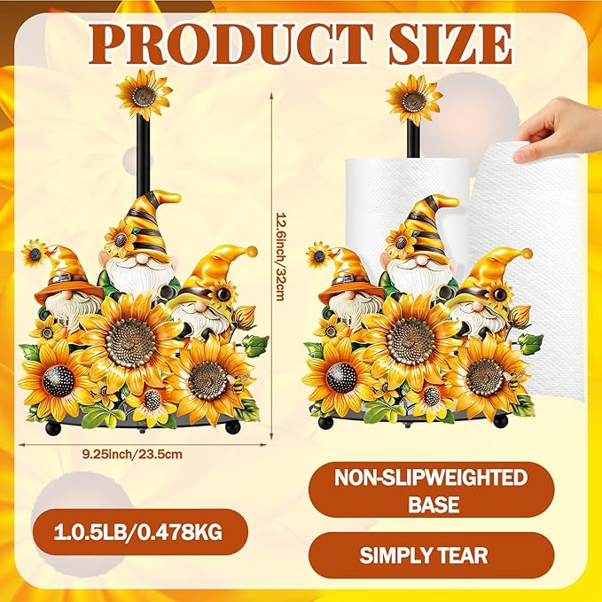 Thyle Sunflower Paper Towel Holder Summer Sunflower Gnome Kitchen Decor and Accessories Rustic Farmhouse Dispenser Kitchen Paper Holder Stand with Round Base for Countertop Toilet Home Accessories