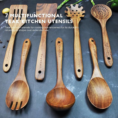 Wooden Spoons for Cooking,Wooden Utensils for Cooking 7 Pcs Wooden Cooking Utensils Wooden Kitchen Utensils Set Wooden Spatulas for Cooking, 14.37*4.13*3.54, Brown - Image 3