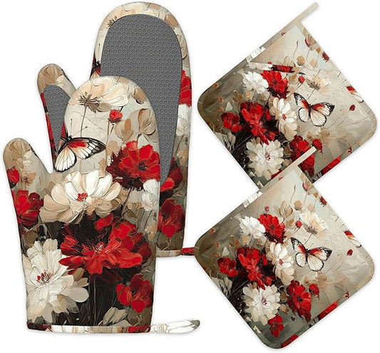 Oven Mitts and Pot Holders White Red Flower Silicone Kitchen Accessories Set of 4 Heat Resistant Gloves Butterfly Potholder Non-Slip Grip for Chef Cooking Baking Grilling BBQ