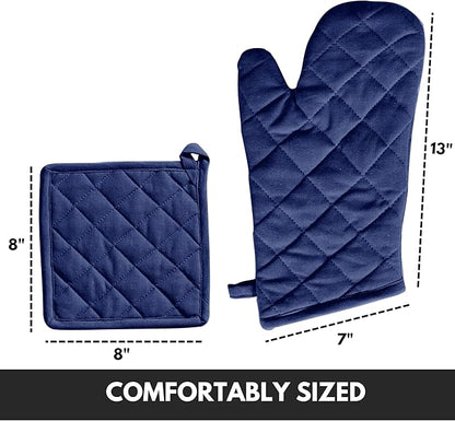 Oven Mitt (7"x13") & Pot Holder (8"x8") 100% Cotton Set of Heat Resistant Oven Gloves & Hot Pads for Gifts, BBQ, Cooking, Baking, Thanksgiving - Indigo Blue